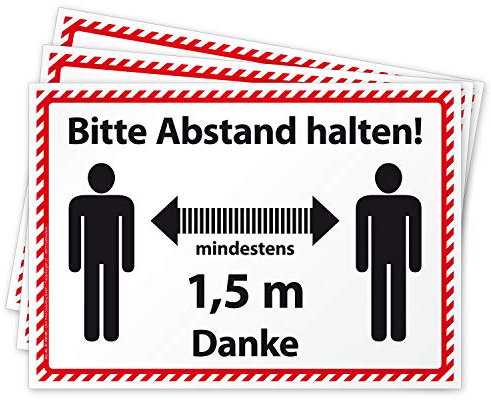 3 hochwertige Aufkleber Bitte Abstand halten 1,5 Meter, Hinweisschild für Handel und Behörden, Folie selbstklebend DIN A4 (297 x 210 mm) groß