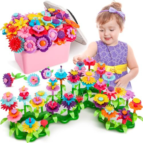 Fivejoy Flower Garden Building Toys for 3 Year Old Girls Boys,134pcs Flower Building Toy - Floral Arrangement Playset With Suitcase,Building Blocks Set Halloween early
