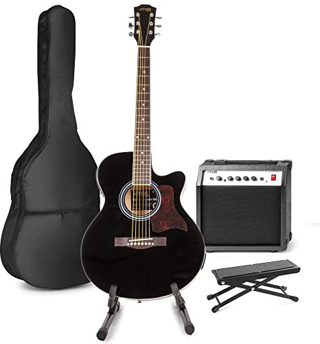 MAX ShowKit Elektrische Akustikgitarre, Akustische E-Gitarrre Set - Gitarrenverstärker 40 Watt, Gitarrenständer, Fußbank, Gitarren-Stimmgerät, Gitarrentasche und Plektrum - Schwarz