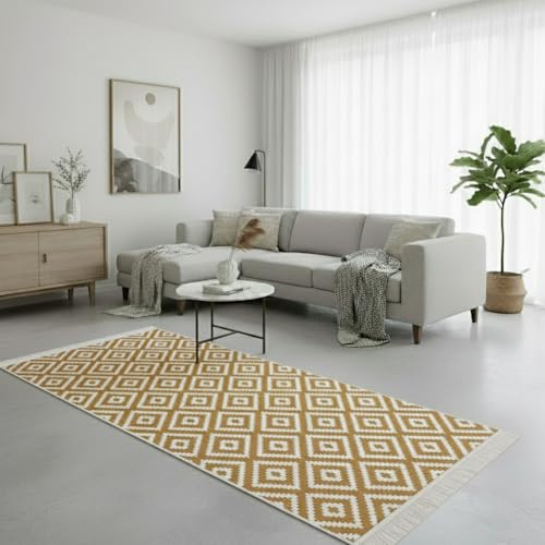Fashion4Home Teppich Läufer - Tepiche für Wohnzimmer, Schlafzimmer, Küche, Kinderzimmer, Badezimmer - Boho Kelim - Läufer Flur, Trio-Gold-Weiß, Größe: 80x200 cm