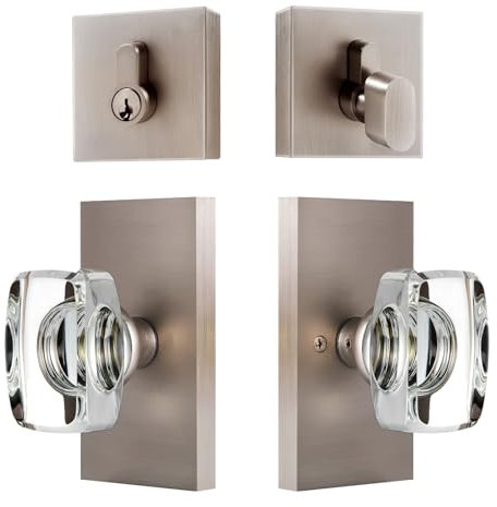 HIEMEY Serrures de porte en cristal de verre avec pêne dormant, serrures de porte d'entrée avec pêne dormant, finition nickel brossé et bouton de porte