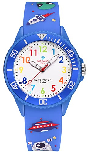 Alienwork Espacio Alien Reloj de Aprendizaje Infantil Niño Azul Pulsera de Silicona Abigarrado niños Impermeable 5 ATM Tiempo de Aprender