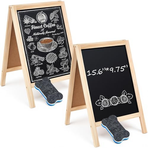 Henoyso 2 Pcs Double-Sided Tabletop Chalkboard Sign, 16x10 Easel Rustic Wood Frame Small Chalkboard with 2 Erasers for Menu Cafes, Restaurants, Weddings Home Decor(Wooden)