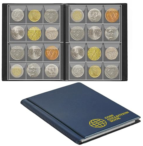 Coin Collection Album 120 Pockets 30x30mm/1.2x1.2 Inch Grid Storage Holder | Uncle Paul 10 Sheets Coin Collecting Book for Pounds Penny Cents Euro Blue CS0112BL