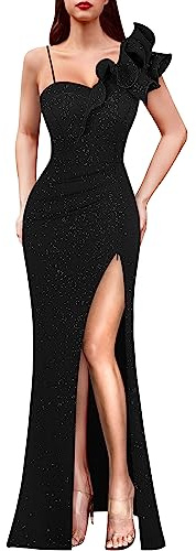 VFSHOW Womens Ruffle One Shoulder Strap Ruched Formal Prom Wedding Maxi Dress V Neck Elegant Split Cocktail Evening Long Gown (Sparkly Black, Large) 10532 BLK L