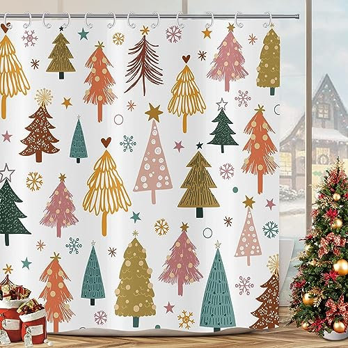 GCIREC Weihnachtsbaum Duschvorhang, Chic Boho Xmas Tree Snowflake Stars Winter New Year Holiday Badezimmer Vorhang Home Decor Wasserdichtes Gewebe Maschine waschbar mit 12 PCS Haken,180x200cm