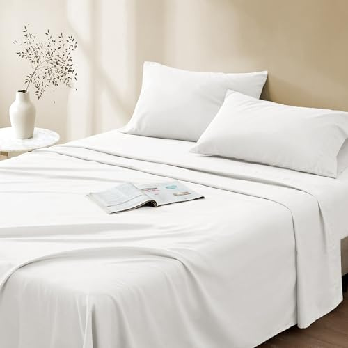 Comfort Spaces Juego de sábanas 100% algodón, Transpirable, Ligero, Suave, con Bolsillo elástico de 35 cm para colchones de hasta 40 cm, para Cualquier estación, tamaño Queen, Color Blanco, 4 Piezas