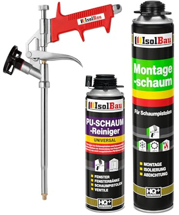Isolbau Bauschaum-Set - Inkl. 1 x 1K Montageschaum B2 Pistolenschaum mit hervorragender Schall und Wärmedämmung (je 750 ml), 1 x PU-Schaum-Reiniger (500 ml) & 1 x Schaumpistole, Verfüllen
