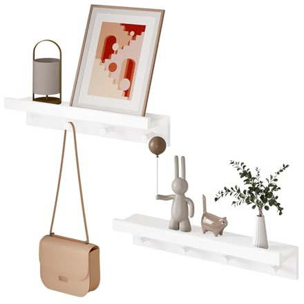WOLTU Schweberegal 2er Set, Wandregal mit Haken, Hängeregal Garderobenhaken weiß, schwebendes Regal für Büro, Wohnzimmer, Schlafzimmer, Küche, Wohnzimmer, RG9510ws