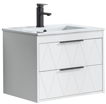 UEV Waschtisch mit Unterschrank, Waschbeckenunterschrank 60cm hängend, Weiß | Waschbecken aus Keramik, Waschbecken mit 2 Schubladen, modern, Soft-Close
