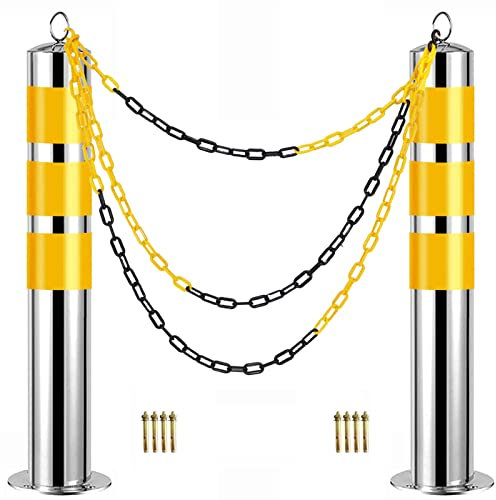 Pfosten mit 5 m Langer Absperrkette, 2er-Pack Parkplatzbarrieren aus Edelstahl mit Dehnschraube, Parkpoller mit Reflektorkragen (650 mm H x 76 mm T (25,6 Zoll H x 3 Zoll T))