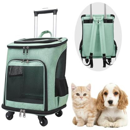Hunderucksack mit Trolley,Katzenrucksack Trolley Hund Katze bis 10kg Leichte Hundewagen Transportbox für Welpen Haustiere (Grün)