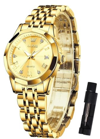 OLEVS Reloj Mujer Analógico Cuarzo Oro Acero Inoxidable Pulsera Cara Pequeña Números Romanos de Lujo para Mujer Diamantes Esfera Dorado Resistente Agua con Indicador de Luminiscente Fecha
