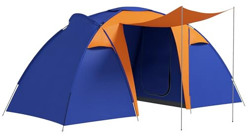 Outsunny 4-6 Man Tunnel Tent with 2 Bedroom, Large Camping Tent, Porch and Living Area, 2000mm Waterproof, Portable with Bag, for Fishing Hiking Festival, Orange and Blue