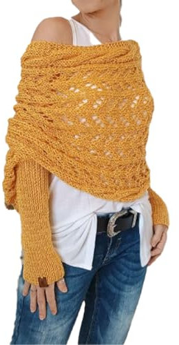 Gestrickter Garnschal, Damenschal, Strickschal, Schal mit Ärmeln, Pulloverschal mit Ärmeln, Wickelpullover für Damen (Yellow)