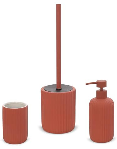 Inbagno Set Accessori Bagno 3 Pezzi in Ceramica Rosso Mattone cannettato, Dispenser Sapone portaspazzolini e portascopino Soft Touch, Spring