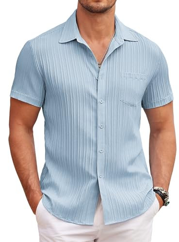 COOFANDY Short Sleeve Shirt for Men Adult Casual Button Down Textured Shirts Summer Beach Tops with Pocket Light Blue XL
