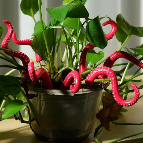 7Pcs Glow in The Dark Octopus Tentacle Stakes,Resin Luminescent Decorative Plant Stakes, for Plant Decor,Funny Halloween Plant Ornaments, Plant Ornaments Home Decoration (Red)