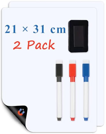 LYZZXI Lavagna Magnetica Frigo A4-2 Pezzi, Lavagnetta Cancellabile 21 x 31 cm,Foglio Magnetico a Secco con 3 Pennarelli, 1 Gomma, Flessibile Whiteboard per Liste Della Spesa e Appunti Domestici