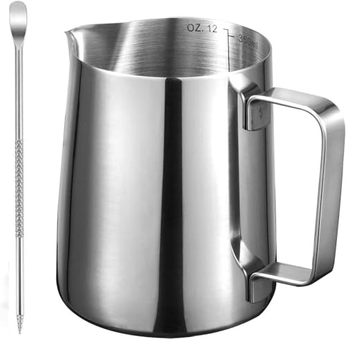 Pichet à Lait Barista 350ml, Pichet Inox 304 avec Graduation, Stylo Latte Art (350 ml + Stylo)