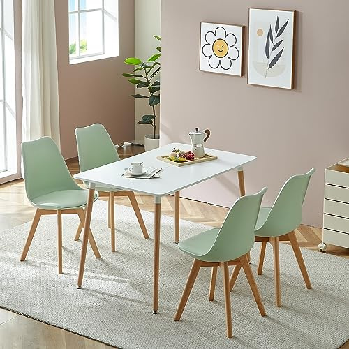 H.J WeDoo Esszimmergruppe Esstisch mit 4 Stühlen Essgrupp, 110cm Rechteckig Küchentisch und 4er Set Esszimmerstühle Sitzgruppe für Wohnzimmer Küche Büro(Weiß Tisch+4 Eiscreme-Grün Stühle)