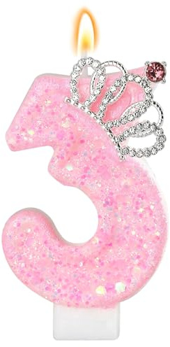 LunarCharm Velas de cumpleaños rosas – Vela con números brillantes para 3º cumpleaños con corona, número 3, para decoración de pasteles y cupcakes