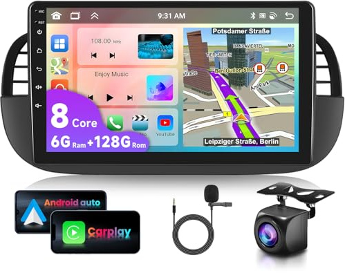 6G 128G VECHTEL 9Autoradio Bluetooth per FIAT 500 2007-2015 Carplay Android Auto Wireless,Android 15,DSP EQ,1280 * 720,Wifi GPS Navi,Mirror link,RDS/FM Radio con Retrocamera AHD