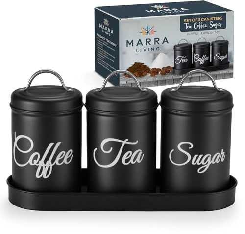 Marra Living - Tea Coffee Sugar Canisters Set of 3 - Airtight Kitchen Storage Jars with Lids and a Coordinating Tray - Metal Canister Set for Countertop Organization - Black Matte Finish - 1L Each