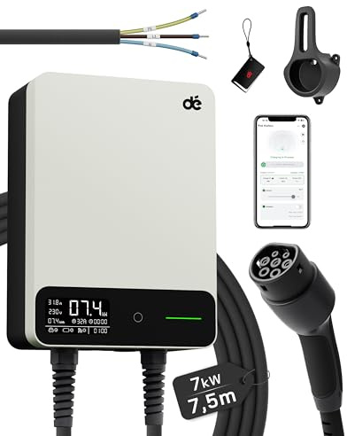 dé Wallbox 7,4 kW Monofásico con App, Cable Tipo 2 de 7,5 m, RFID, Cargador Coche Eléctrico 7,4 kW 6–32 A 230 V, con RCD Tipo A 30 mA CA + 6 mA CC, IP54, para Model Y/3 y Otros BEV/PHEV, Blanco