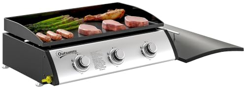 Outsunny - Plancha de gas, 3 quemadores, 7,5 kW, superficie de cocción 61 x 35,5 cm, con tapa, gas licuado/propano, portátil para exteriores, hasta 6/8 comensales, negro