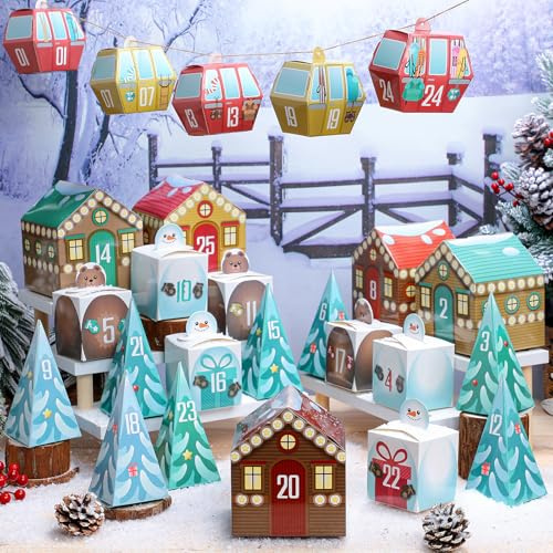 Affrolling 25 Pcs Christmas DIY Advent Calendar Boxes to Fill, 24 Days Empty Advent Calendar Mountain Wonderland Ski Gift Fillable Box Countdown Candy Treat Box for Christmas Holiday Decor