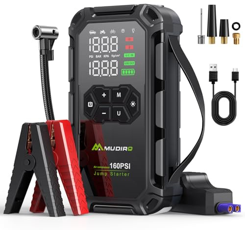 Mudiro Starthilfe Powerbank für pkw 6000A für alle Fahrzeuge & 8,0L Diesel mit Kompressor 160PSI, integriertem einziehbarem Tragegriff– Ideal für SUV, Motorräder, Rasenmäher