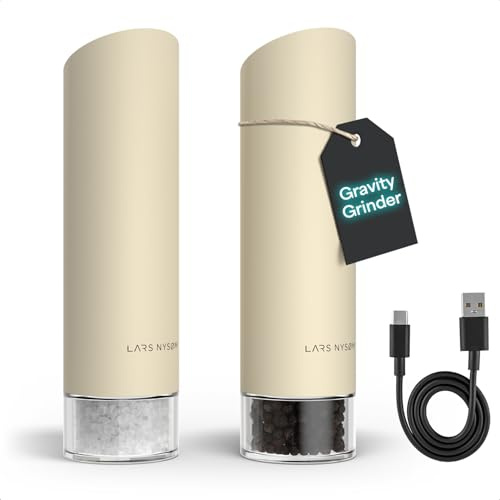 LARS NYSØM Gravity Grinder - Electric Salt & Pepper Grinder Set - USB-C Rechargeable Automatic Spice Grinder, Adjustable Coarseness, One-Handed Operation for Kitchen (Almond Beige)