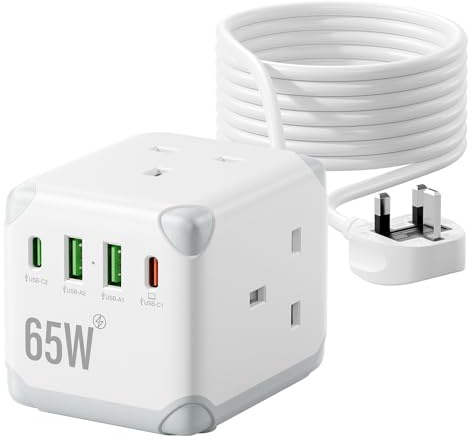 5M Cube Extension Lead with USB(PD65W), 3 Way Plug Extension Socket with 2 USB-A & 2 USB-C, Overload Protection Desk Extension Lead with Switch, Long Extension Cable for Home, Office(13A/3250W)