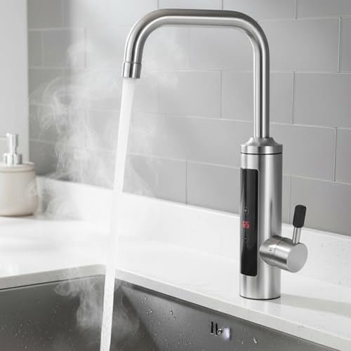 Elektrische Wasserhahn mit Durchlauferhitzer, 3000W Elektrischer küche Wasserhahn aus Edelstahl, 3s Schnelles Aufheizen, 360° Drehbarer LED Durchlauferhitzer Wasserhahn Für Bad und Küche