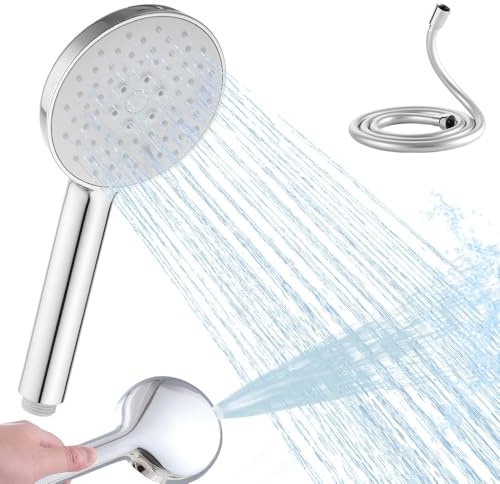 Haiba Shower Head and Hose 1.5m, High Pressure 4 Modes Handheld Shower Head, Built-in Power Wash to Clean Tub, Tile & Pets, Silver