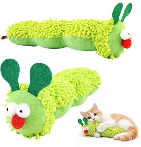 BaZuyunMd Lot de 2 jouets chenilles avec coussin d'herbe à chat - Jouet interactif pour chat - Vert