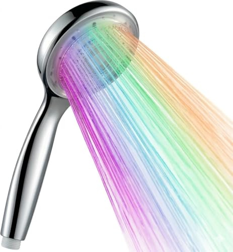 Soffione Doccia, Doccetta LED per Cromoterapia RGB, con 4 LED Ultra Luminosi, 7 Colori Alternati, Cromato Lucido, Attacco Universale