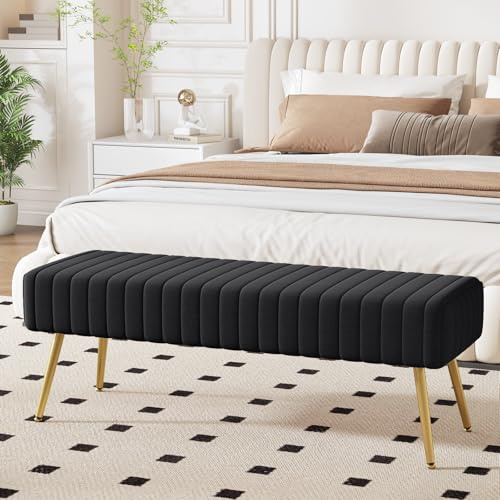 Ckaff Sitzbank Flur Schlafzimmerbank 113.5cm, Esszimmerbank, Bettbank Flurbank, Fußbank, Polsterbank, Schminkbank Schuhbank mit Metallbeinen aus Samt für Schlafzimmer Wohnzimmer Flur (Schwarz-1)