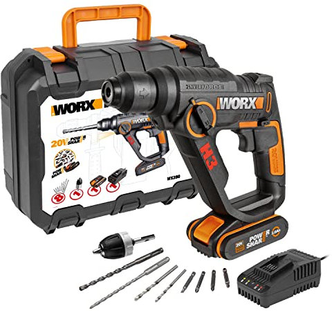 WORX WX390 Bohrhammer SDS-plus - 20V Bohrmaschine mit pneumatischem Hammerwerk zum Schrauben, Bohren und Hämmern – 1,2 Joule Schlagenergie – Mit 2,0Ah Li-Ion Akku, Ladegerät und Koffer