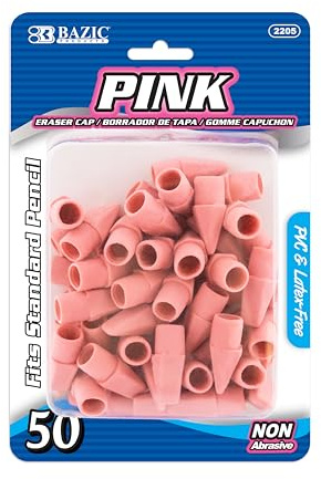 BAZIC Products Pink Eraser Top, Latex-Free Pencil Top Erasers with Arrowhead Caps, Non-Toxic Erasers for Kids, Students, Teachers, Classroom, Art, Homework & School Supplies, 50/Pack, 1-Pack