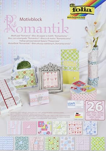 folia 46949 - Motivblock Romantik, 24 x 34 cm, 26 Blatt sortiert, 13 x Motivkarton 270 g/qm und 13 x Motivpapier 80 g/qm, für vielfältige Bastelarbeiten