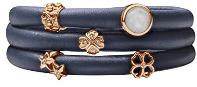Quiges Damen Leder Wickelarmband Blau 60cm mit Charm Beads Rosegold Edelstahl Magnetverschluss