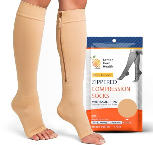 Lemon Hero Zipper Compression Socks for Women and Men, Open Toe 15-20 mmHg Compression Stockings with Zip Guard, Supports Circulation and Leg Comfort, Designed for Swelling Relief - Large, Beige