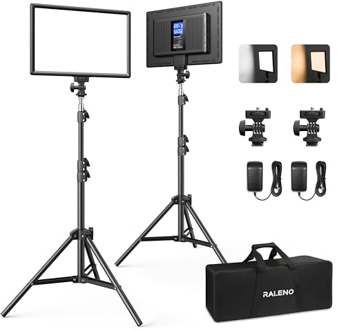 RALENO 13 Edge-Lit LED Video Light Panel Kit (2-Pack), Bi-Color 2500K-6500K Soft Studio Lights with CRI 95+, 75 Stand & 8000mAh Battery, Photography Light for Streaming/Zoom/YouTube/Makeup