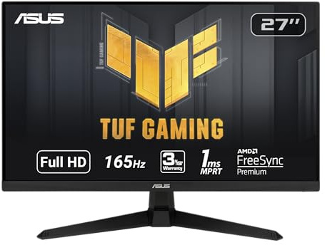 ASUS TUF Gaming 27 Inch Gaming Monitor - Full HD, 1080P, 165Hz (Supports 144Hz), 1ms, Extreme Low Motion Blur, FreeSync Premium, Shadow Boost, Eye Care, HDMI, DisplayPort, Tilt Adjustable - VG277Q1A