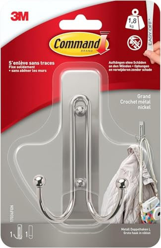 Command Crochet Double Grand Modèle en Nickel Brossé, 1 Crochet, 1 Languette, 1,8 kg - Fixe Solidement pour Décoration Murale