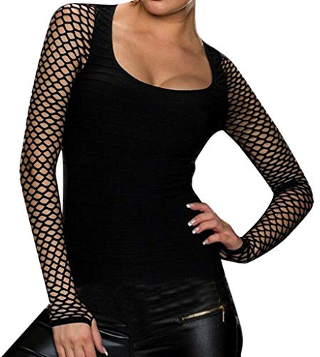 T-Shirt à Manches Longues en Maille à Manches Longues Et à Col Ras du Cou pour Femmes Hauts en Filet Chemise en RéSille Gothique Punk Rock Chemisier à Manches Longues Et Coupe-Bas pour Femmes