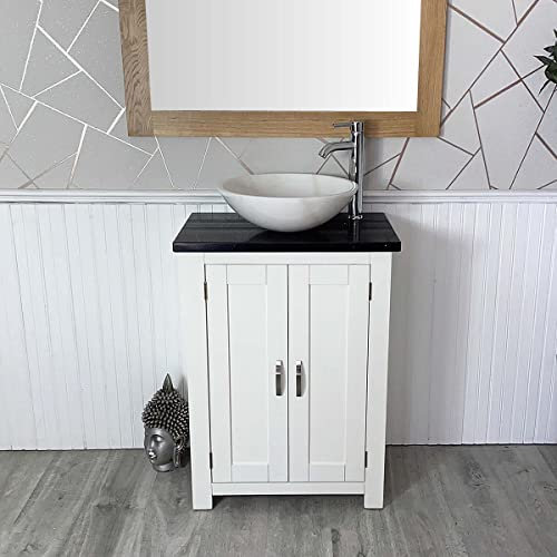 Wooden Bathroom Vanity with Sink - White Painted Double Door Bathroom Sink Cabinet - Single Vanity Unit Bathroom Wash Basin with Chromed Mixer Tap - White Bowl with Black Quartz Top (310PBQSBC)