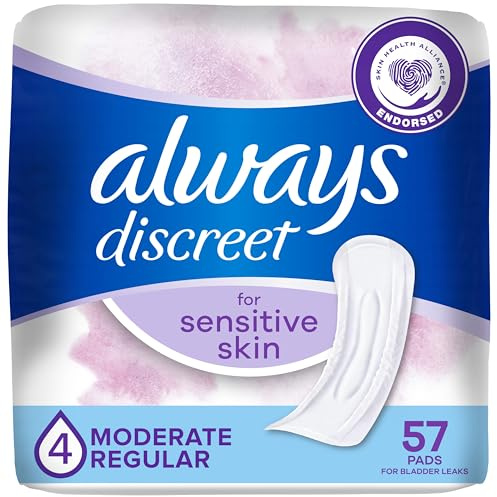 Always Discreet Incontinence Pads for Women with Bladder Leaks, Sensitive Skin Pads Moderate Absorbency, Regular Length, 57 Count